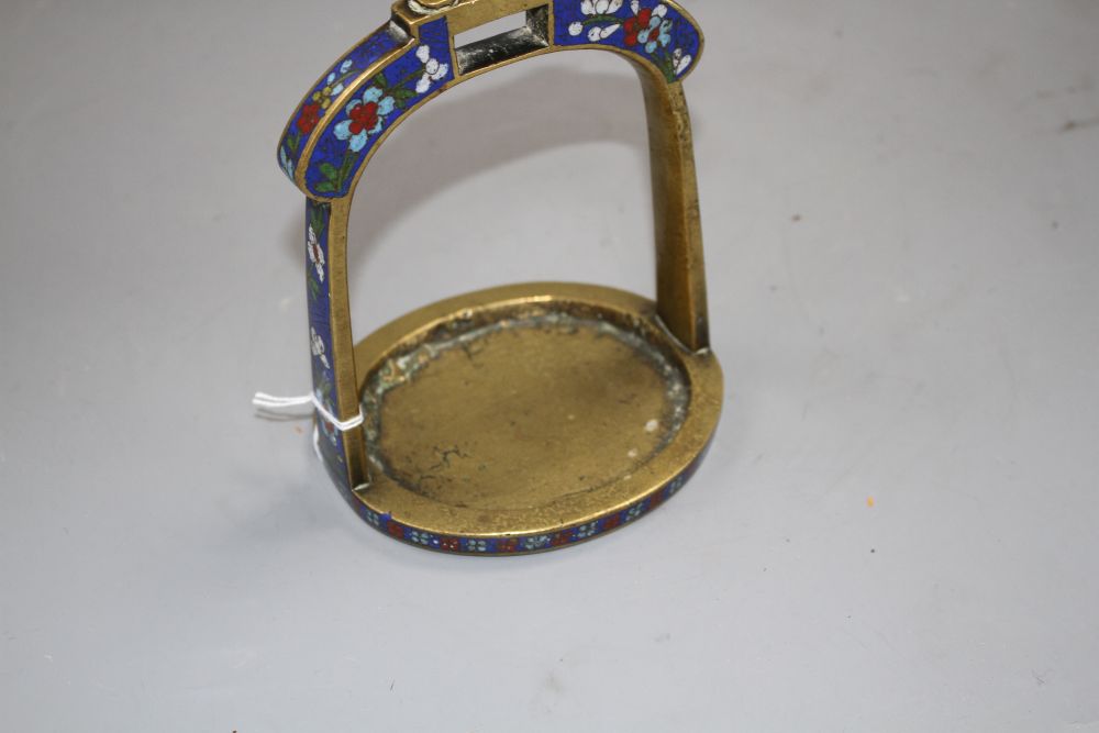 A 19th century Chinese bronze and cloisonne enamel stirrup, H. 14.5cm